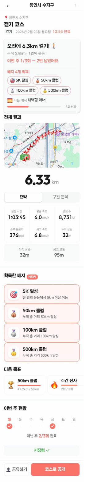 BENEFIT 운동 결과 화면 — 경로 지도, 상세 수치, 획득 배지, 주간 현황